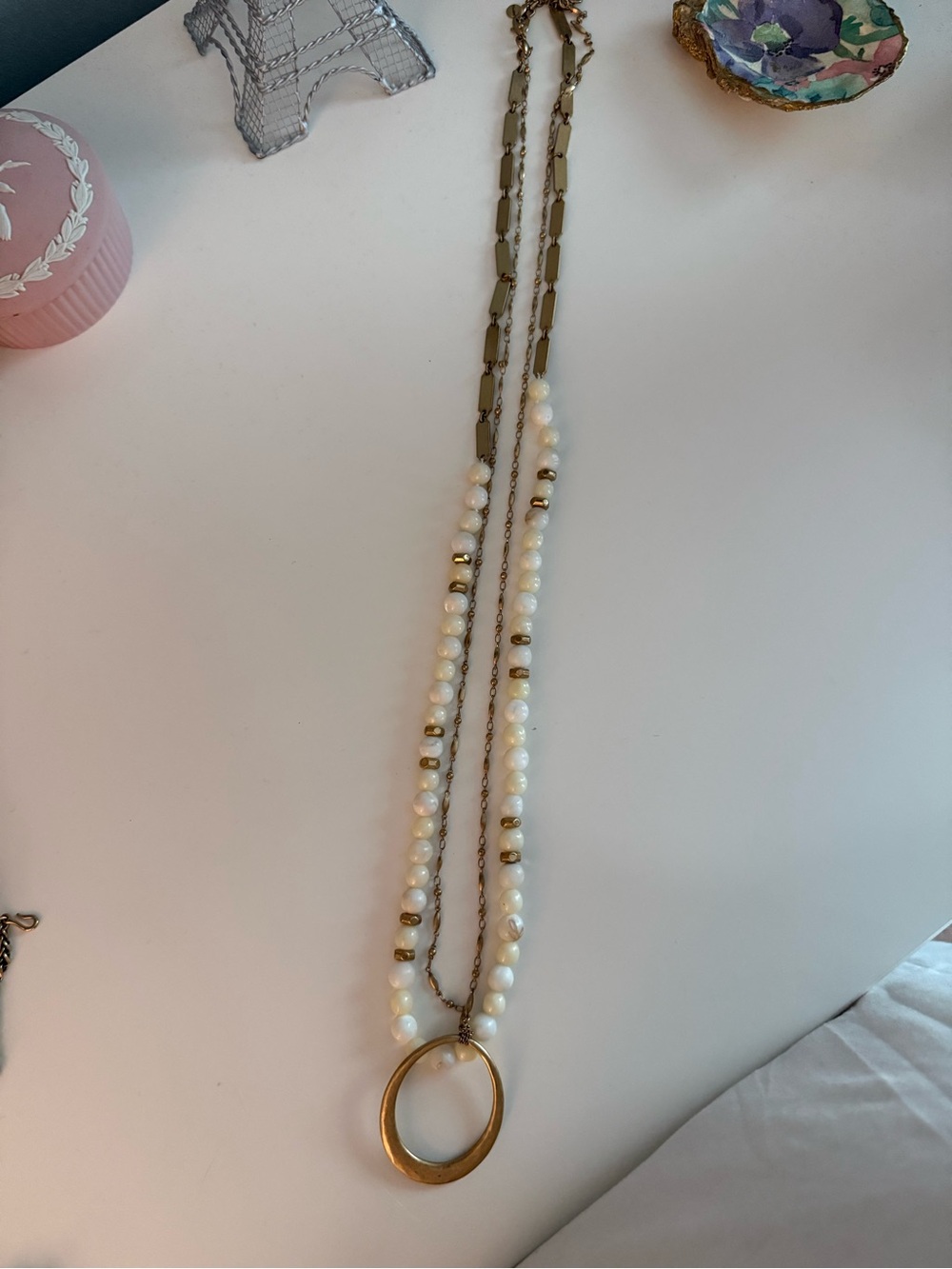 Stella & Dot Gold Tone and White Pearl Multi-Strand Pendant Necklace
